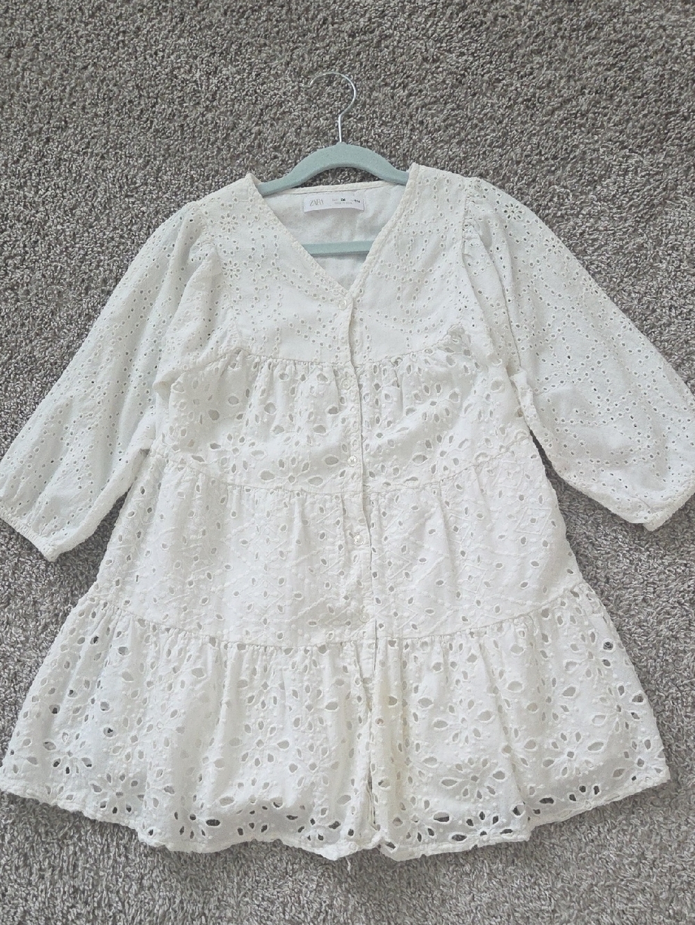 Zara White Cotton Eyelet Tiered Dress for Girls Size 6
